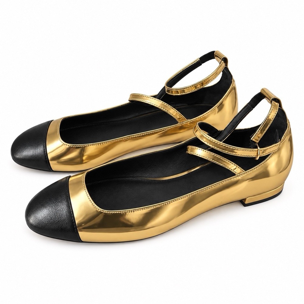 New STUART WEITZMAN Gold and Black Leather Eden Cross-Strap Ballet Flats US 10